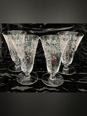 Vintage 1930s Morgantown Baden Etched Crystal Footed Tumblers - Set of 4 (1930s)